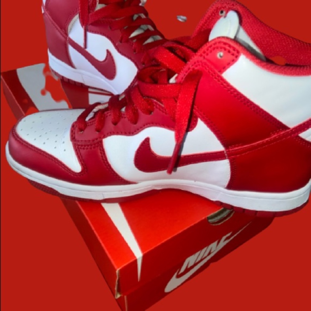 Red and White High Dunks.